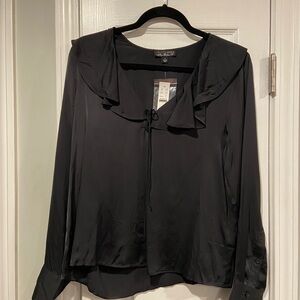 NWT J. Crew Size S Goldie Top Black Satin Long Sleeve Ruffle Collar Tie Front